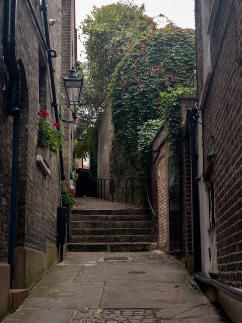 A narrow staircase outdoor in an urban residential area, surrounded by brick walls on both sides. The staircase consists of several stone steps leading upward, with black metal railings on the left side. On the left, a black metal lantern with glass panels is mounted on the brick wall, and a small window with flower boxes containing red flowers is visible beneath it. Vegetation, including green and reddish leaves, covers part of the brick wall and the top of the staircase, adding natural greenery to the scene. Natural daylight illuminates the area, highlighting the textures of the brick, stone steps, and foliage. This setting may be part of a house removal or moving process, potentially involving careful navigation of stairs and handling of furniture or boxes, consistent with services offered by Man and Van Belsize Park for home relocation and furniture transport.