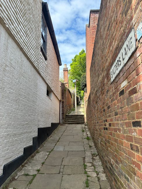 A narrow residential alleyway with a paved stone pathway flanked by a white brick building on the left and a red brick wall on the right, with a street sign reading 'FALLERS LANE' attached to the brick wall. In the background, a set of stone steps leads upward toward a small street area with a lamppost, trees, and a bright blue sky with some clouds. The scene is well-lit with natural daylight, and the alley appears to be a typical urban passage used during home removals or furniture transport, with no visible furniture or moving equipment but providing context for a house relocation route as seen in professional removals services like Man and Van Belsize Park.